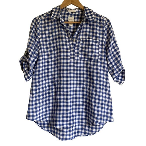 Chico's Size 0/Small/US 4 Blue White Buffalo Plaid Gingham No Iron 100% Linen Po - Picture 1 of 10
